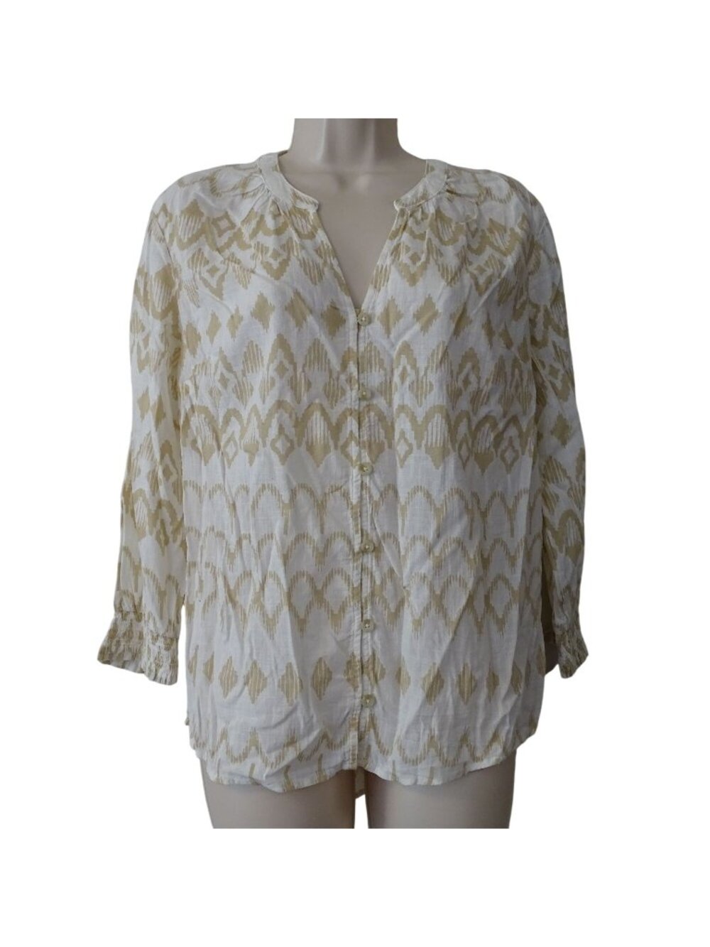 Sonoma Beige Ikat Print Button Up V-neck Shirt Long Sleeve Women Size M Peasant